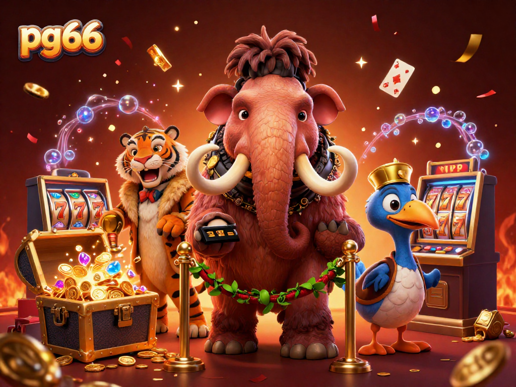 Join the excitement of pg66 as a mammoth greets VIPs amidst exploding treasure and festive casino elements.