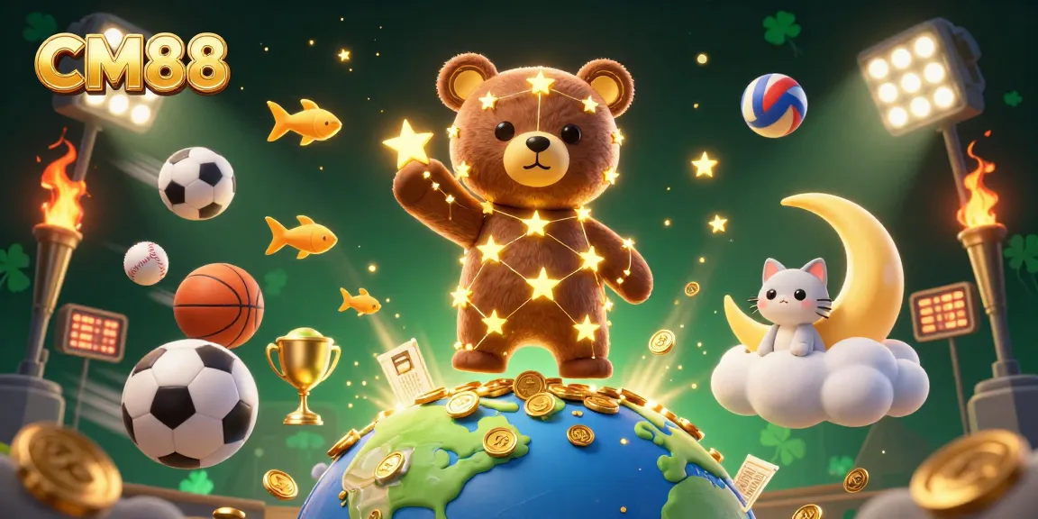 Bet on CM88 with a dynamic 3D casino illustration featuring a winning constellation bear and sports elements.
