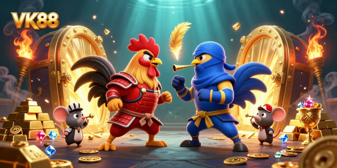 Engage in thrilling battles at VK88 while watching dynamic 3D roosters in epic standoff with gold treasures.