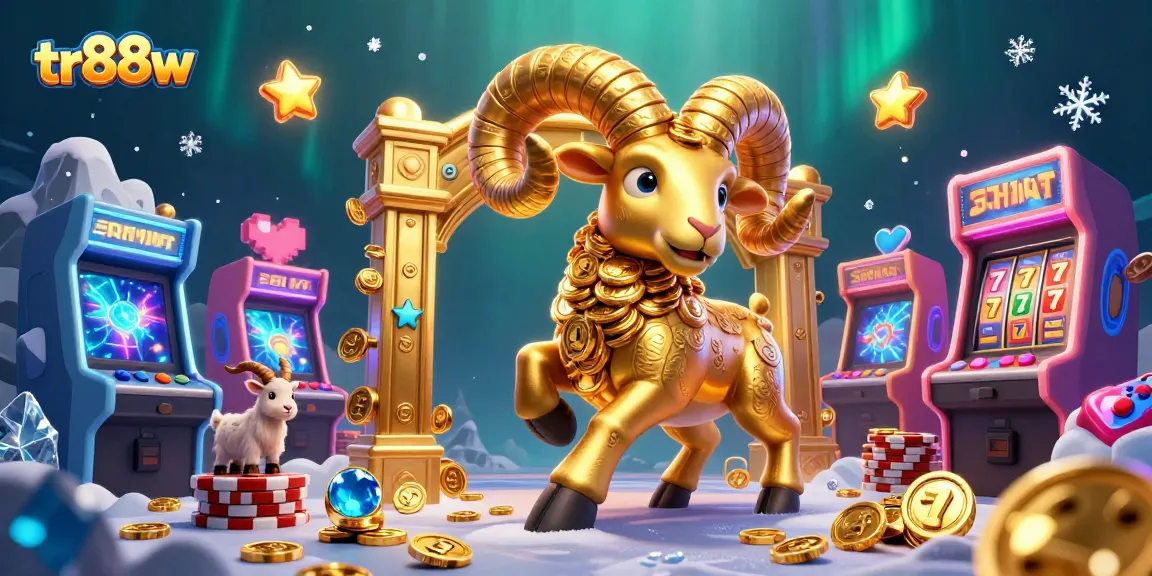 Experience thrilling gaming action with tr88w's colorful 3D casino scene featuring massive golden ram bursting through a golden gate amidst vibrant slots.