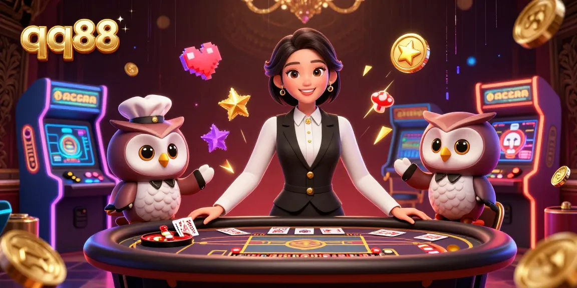 Engage with qq88's vibrant casino experience featuring dealers, roulette, and colorful arcade elements.