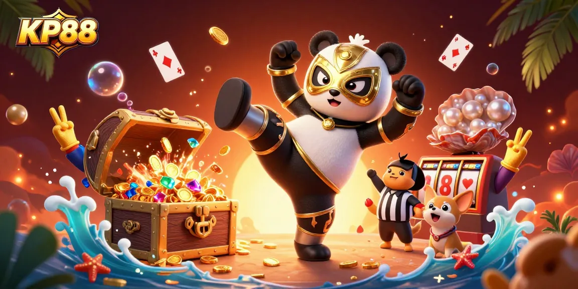 Experience the action at KP88 with a dynamic scene of casino excitement featuring animated characters and vibrant gaming elements.