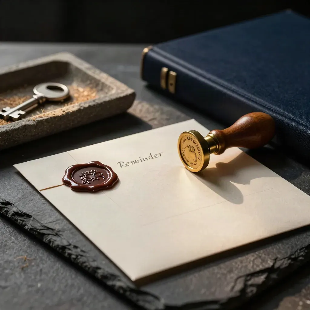 Set recupero crediti con buste sigillate, timbro in ottone e raccoglitore scuro su vassoio di pietra.