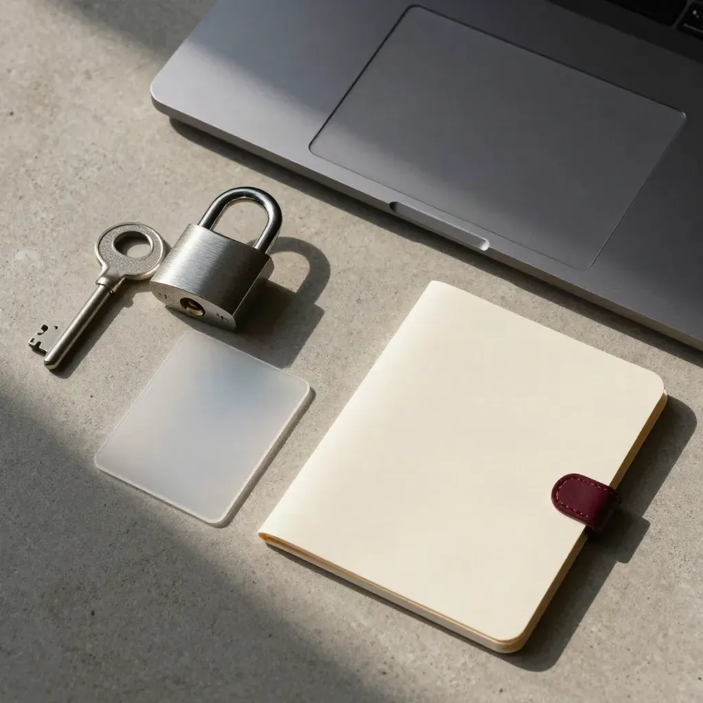 Flat lay dall’alto di laptop chiuso, lucchetto, card traslucida e cartella privacy avorio su cemento.