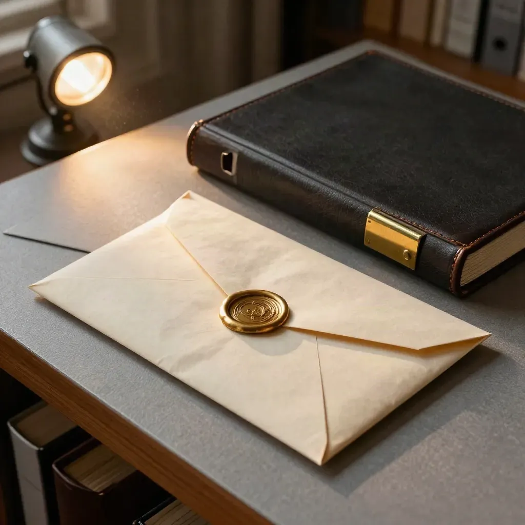 Tre pratiche archiviate con due buste incasso sigillate, registro scuro e cartella in pietra.
