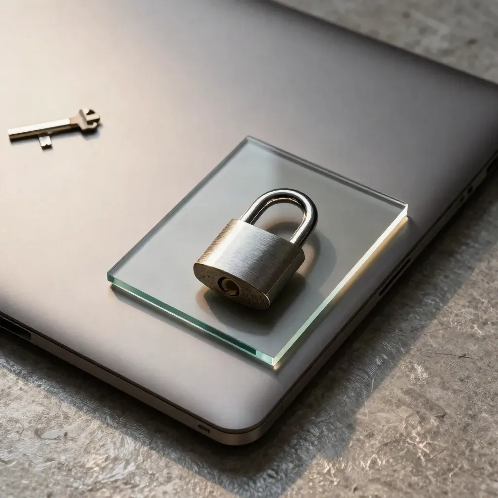Set privacy per il lancio con laptop chiuso, lucchetto, cartella compliance e lastra satinata.