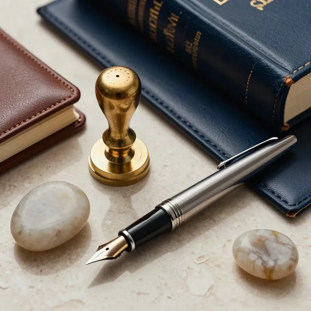 Sigillo in ottone, penna stilografica e taccuino su travertino, in macro per uno studio legale.