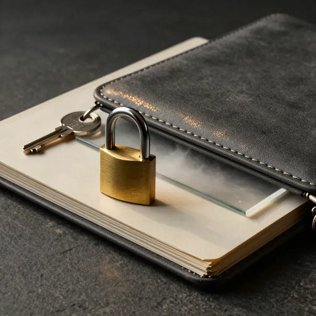 Kit privacy e GDPR con lucchetto satinato, lastra trasparente, cartella chiusa e custodia grafite.