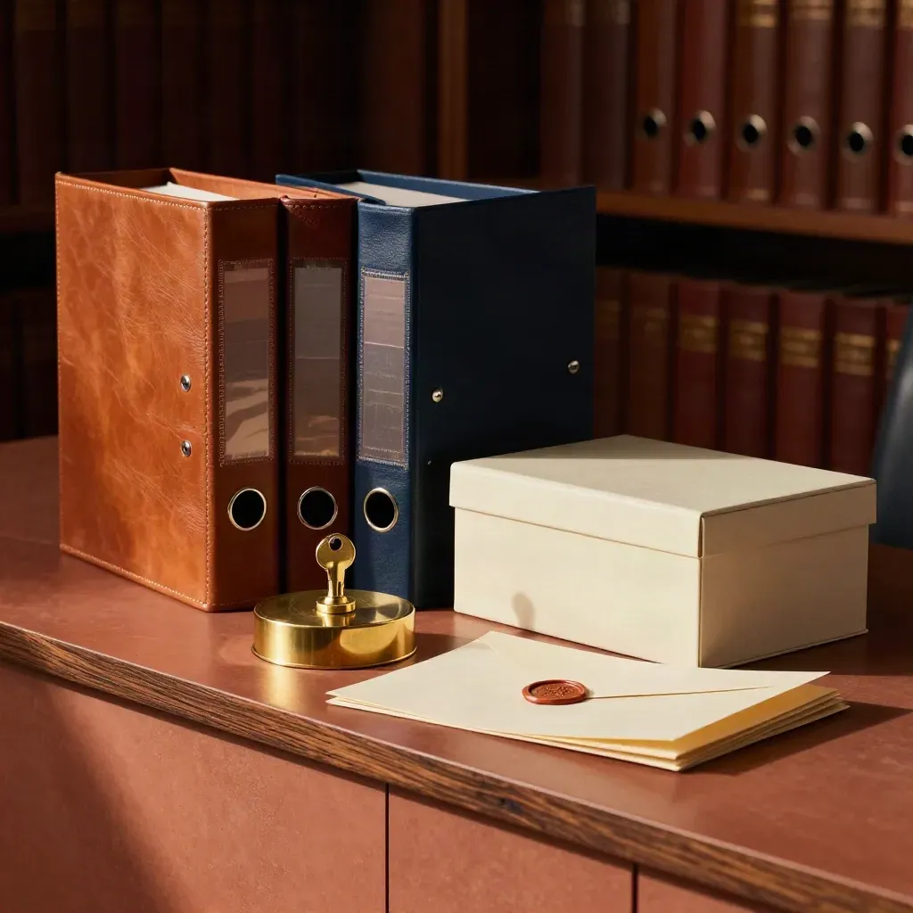 Tre raccoglitori in pelle, scatola archivio e sigillo in cera su credenza in uno studio legale.