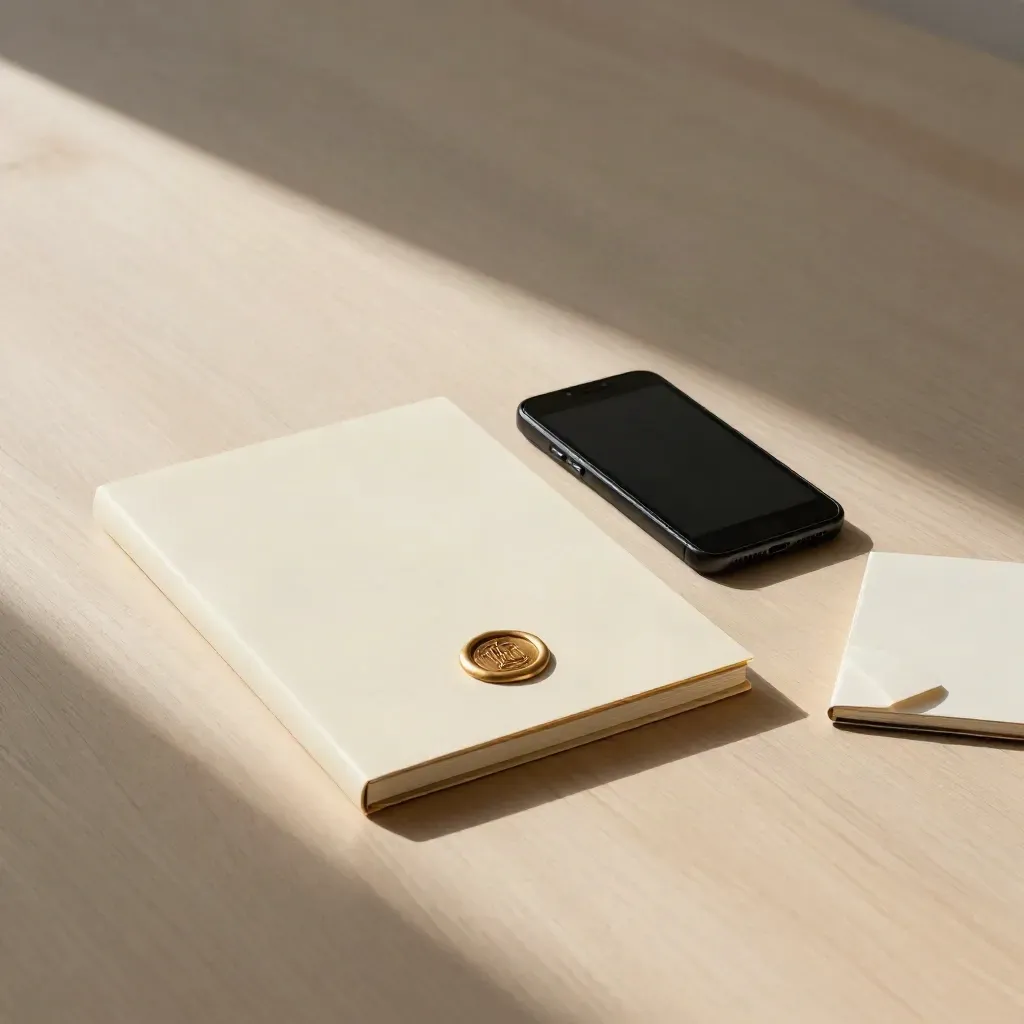 Busta d’intake sigillata, telefono spento e quaderno chiuso su legno chiaro