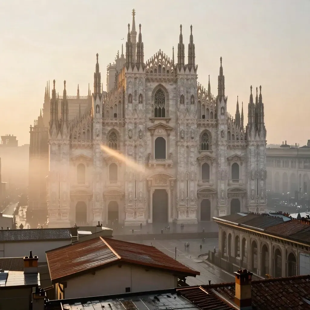 Il Duomo di Milano all'alba sopra una coltre di nebbia dorata e tetti bagnati.