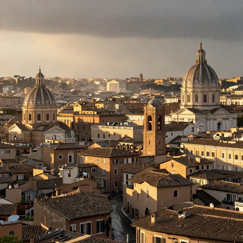 Vista alta di Roma al tramonto, cupole e tetti bassi avvolti da luce calda e lieve foschia.