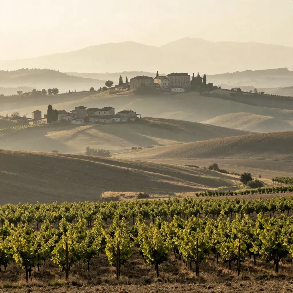 Paesaggio collinare dell’Emilia-Romagna con campi, filari e borghi nella nebbia mattutina.