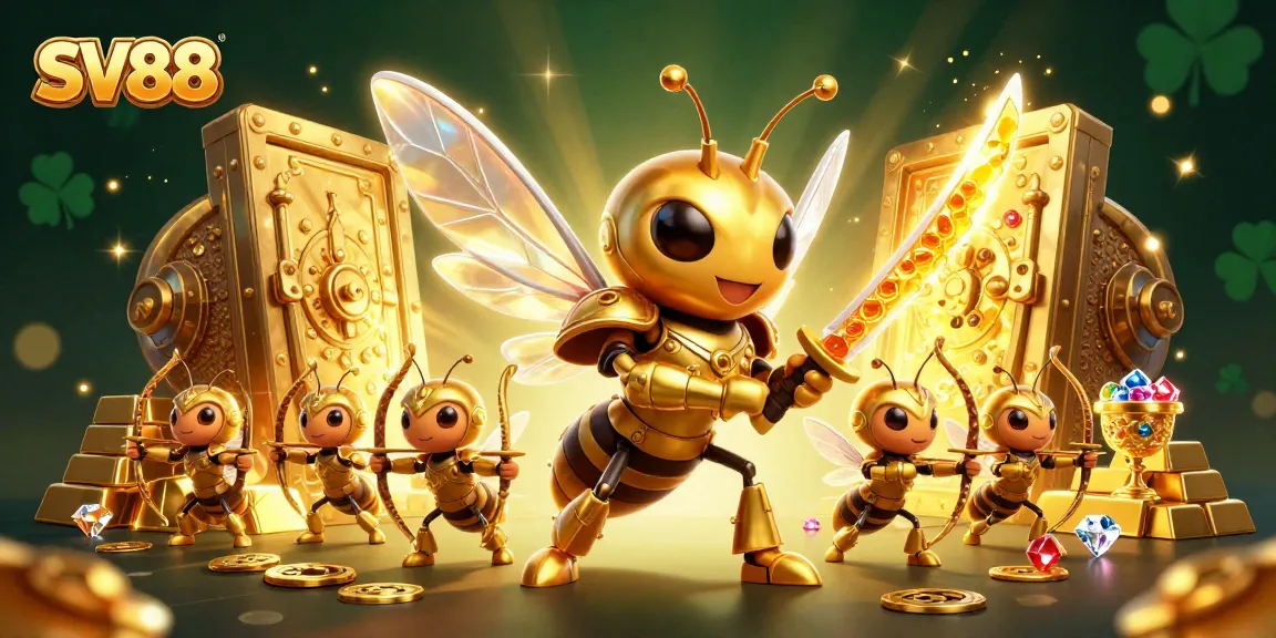 SV88 offers an exciting gaming experience with a golden hornet samurai leading a treasure-filled scene.