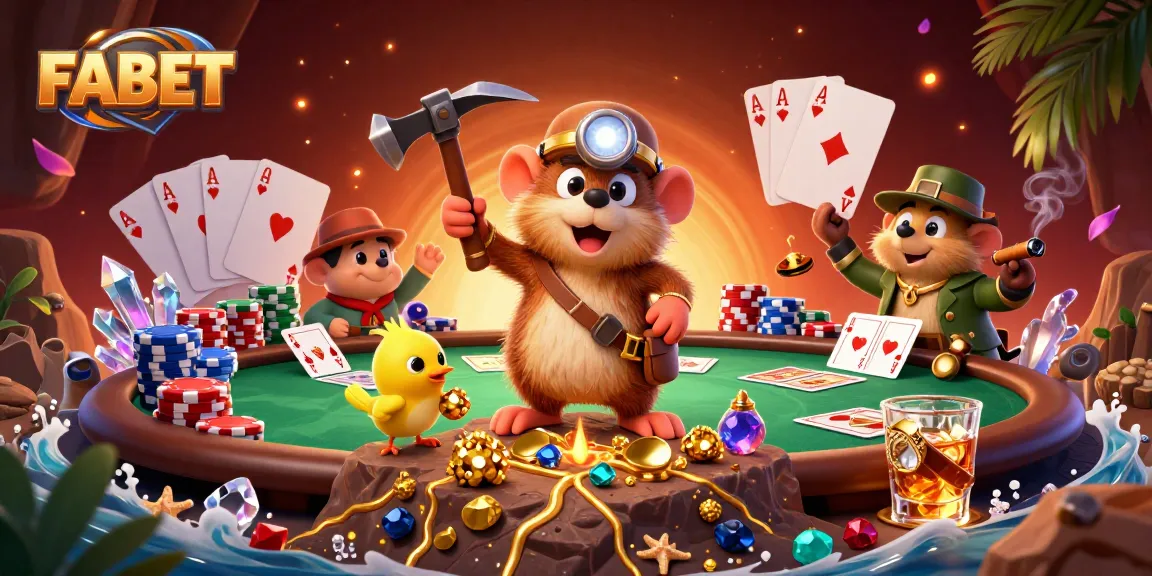 FABET brings thrilling poker action to life with a treasure hunting mole and vibrant casino elements.
