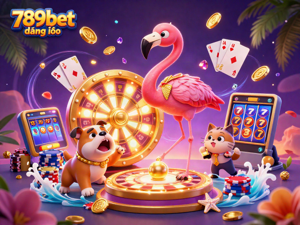 Join the excitement with 789bet đăng nhập as the flamingo host spins the prize wheel in a vibrant casino scene.