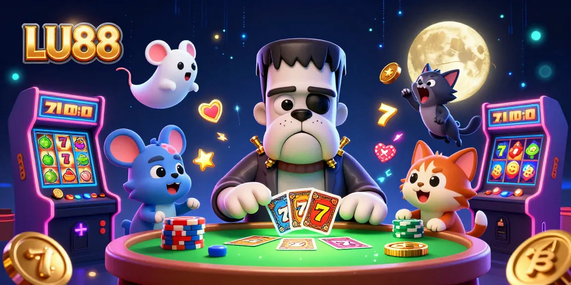 LU88 showcases a spirited gaming scene with a cartoon bulldog and vibrant slot elements.