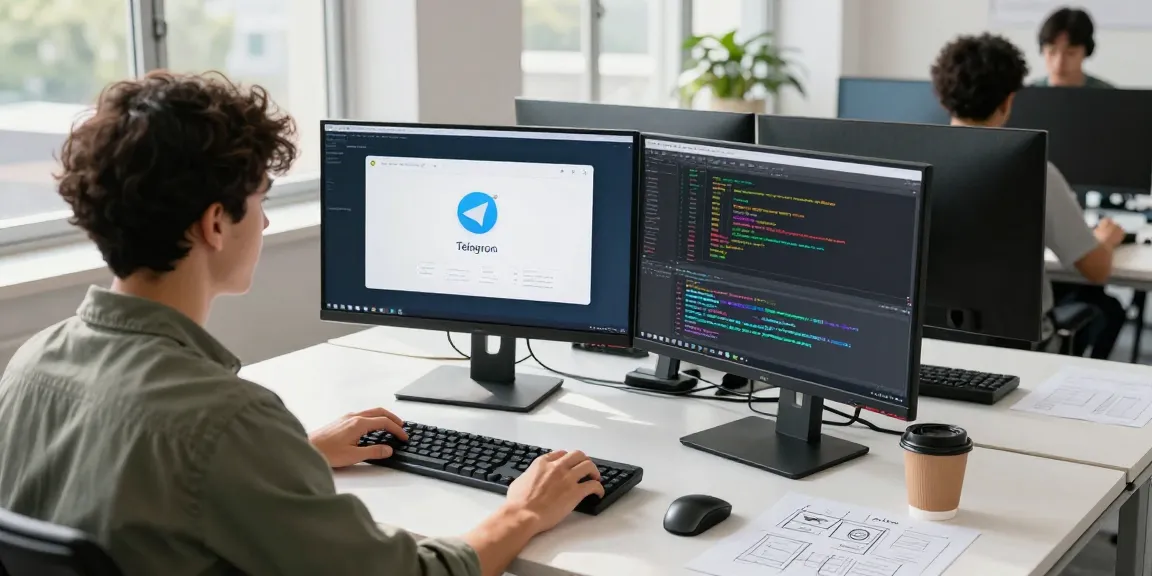Download Telegram seamlessly in a modern workspace with dual monitors showcasing the app and coding environment.