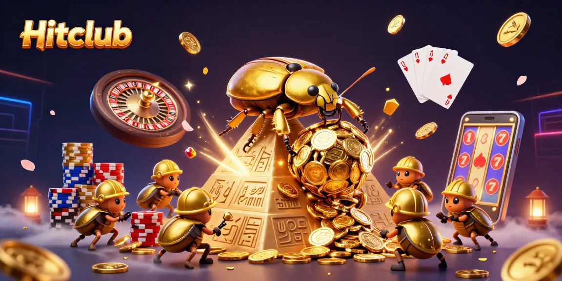 Engage with Hitclub's dynamic gaming adventure, featuring beetles and casino symbols, amidst flying coins.
