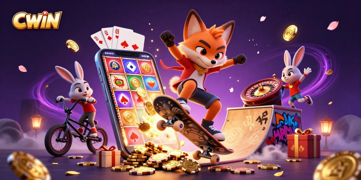 CWIN offers exciting gameplay with a fox skateboarder and rabbit BMX rider, showcasing dynamic casino-themed elements.