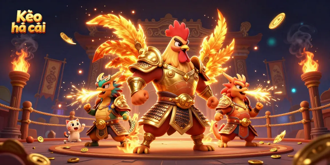 Kèo nhà cái showcases an epic battle scene with a rooster warrior, a dragon hatchling, and a fortune cat in a dynamic fighting arena.