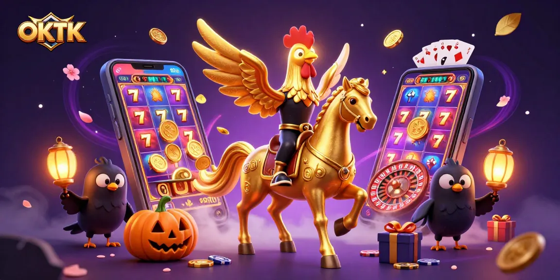 Engage with OKTK while winning on vibrant slots, featuring a golden rooster and mystical casino elements.