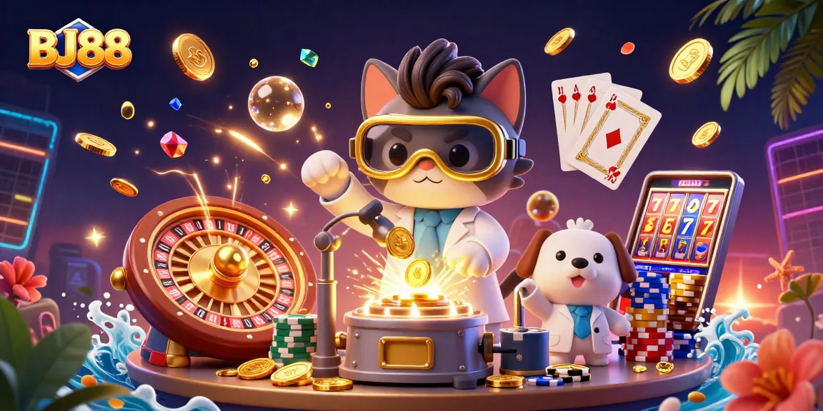Engage with BJ88 as the energetic mad scientist cat creates a bustling casino world full of gold coins and excitement.