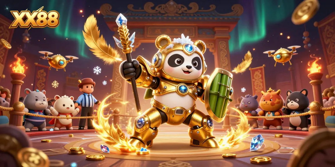 Engage in thrilling gameplay with XX88, showcasing a mech-suit panda and dynamic casino scene.