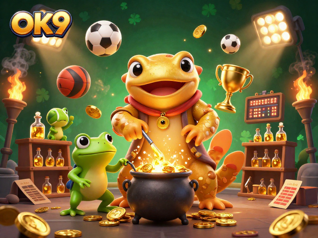 Experience thrilling gameplay at OK9, showcasing a 3D alchemist casting gold amidst dynamic sports elements.