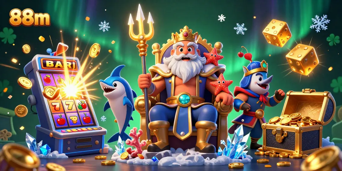 Spin and win with 88m at this vibrant 3D casino illustration packed with slots and treasures!