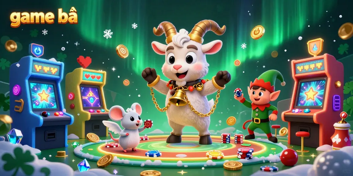 A vibrant casino scene showcasing game bài action, featuring a Krampus goat, angel mouse, and elf gremlins amidst arcade machines.