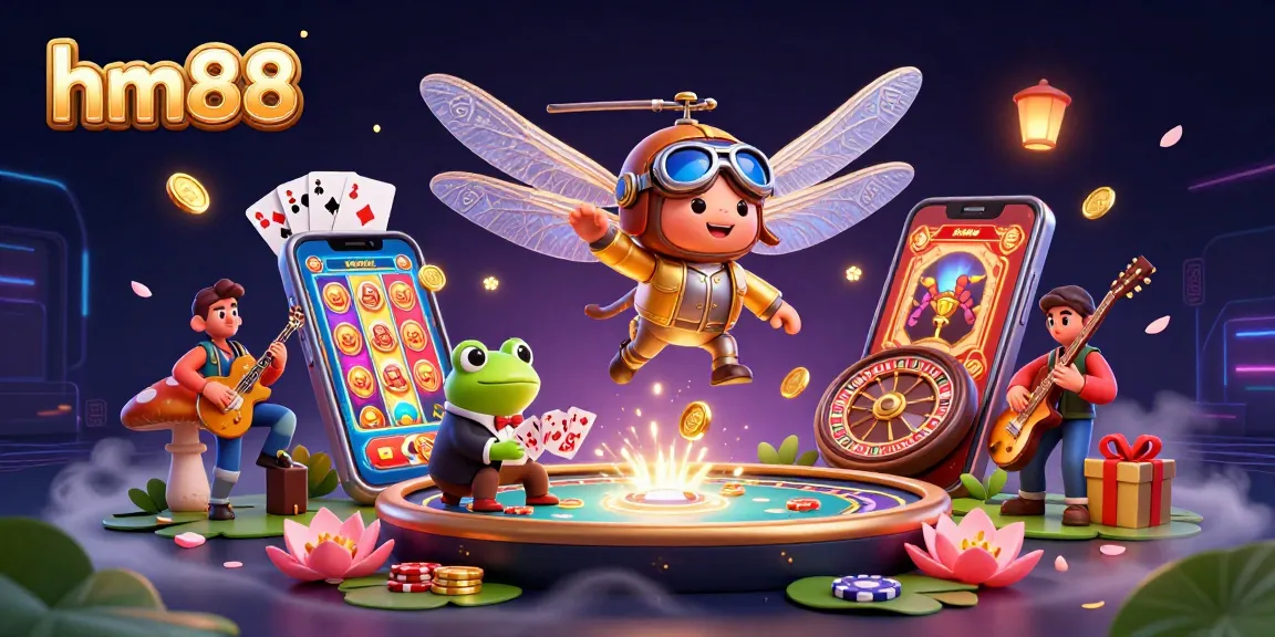 Engage and win with hm88 at a vibrant lily pad casino featuring a dragonfly pilot and frog croupier.