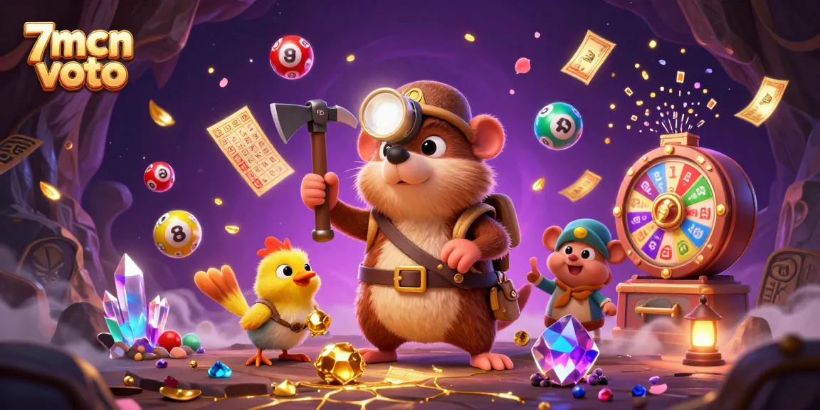 Experience the excitement of 7mcn voto with a vibrant lottery scene featuring a treasure hunter and animated game elements.