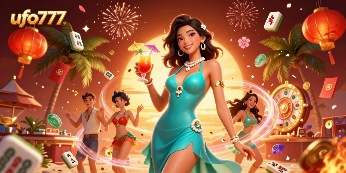 Engage with ufo777's vibrant casino experience featuring a glamorous woman at a beach resort.