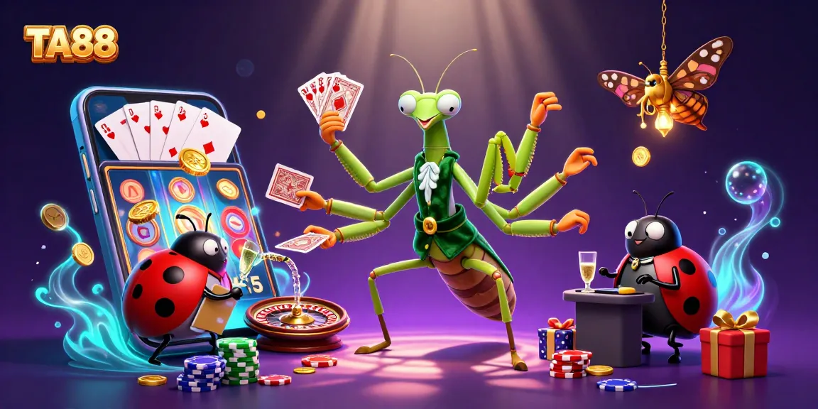 Experience thrill with TA88 as the mantis sharp deals cards and pours champagne in a vibrant casino scene.