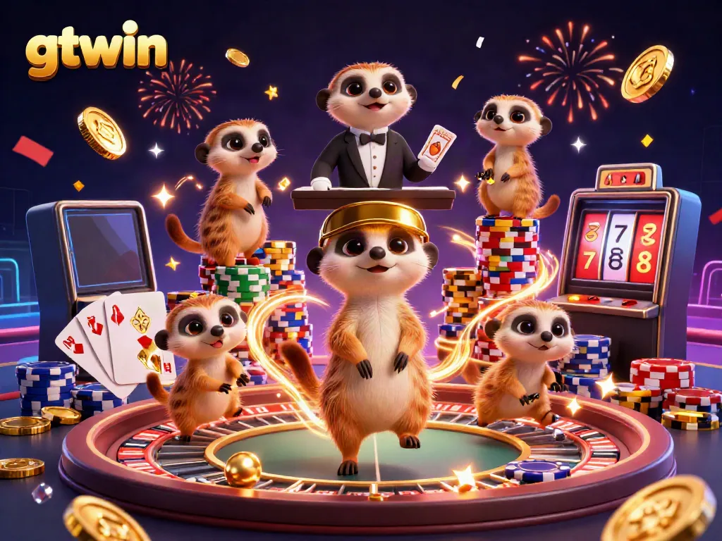 Cute meerkats managing a vibrant GTWIN casino operation, surrounded by cascading coins and colorful chips