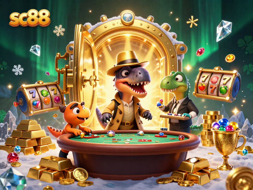 sc88 casino velociraptor card counter at blackjack table surrounded by treasure elements