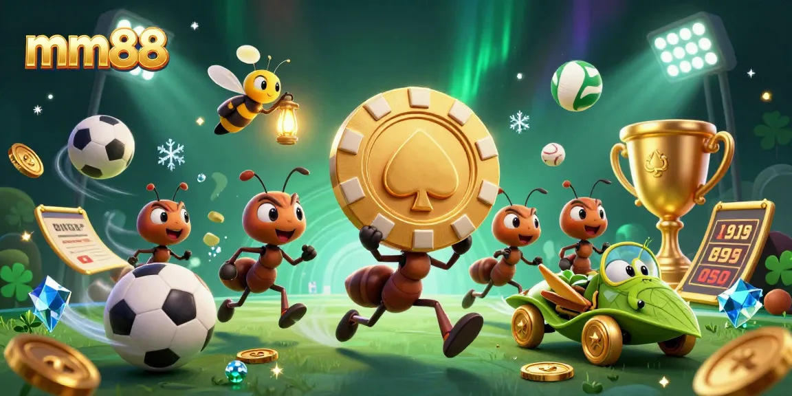 Experience the excitement of mm88 with a 3D heist adventure featuring cartoon ants and sports elements.
