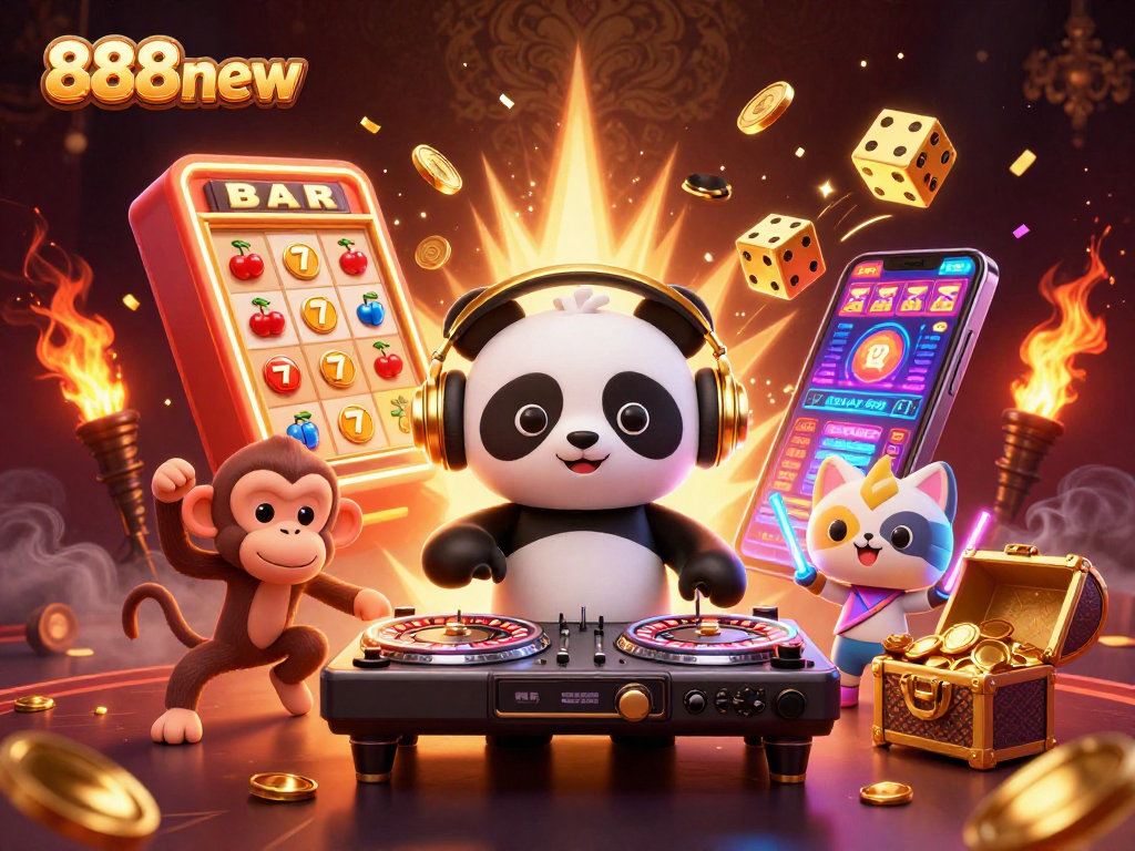 Experience the thrill of 888new as characters celebrate the casino excitement with vibrant visuals and dynamic elements.