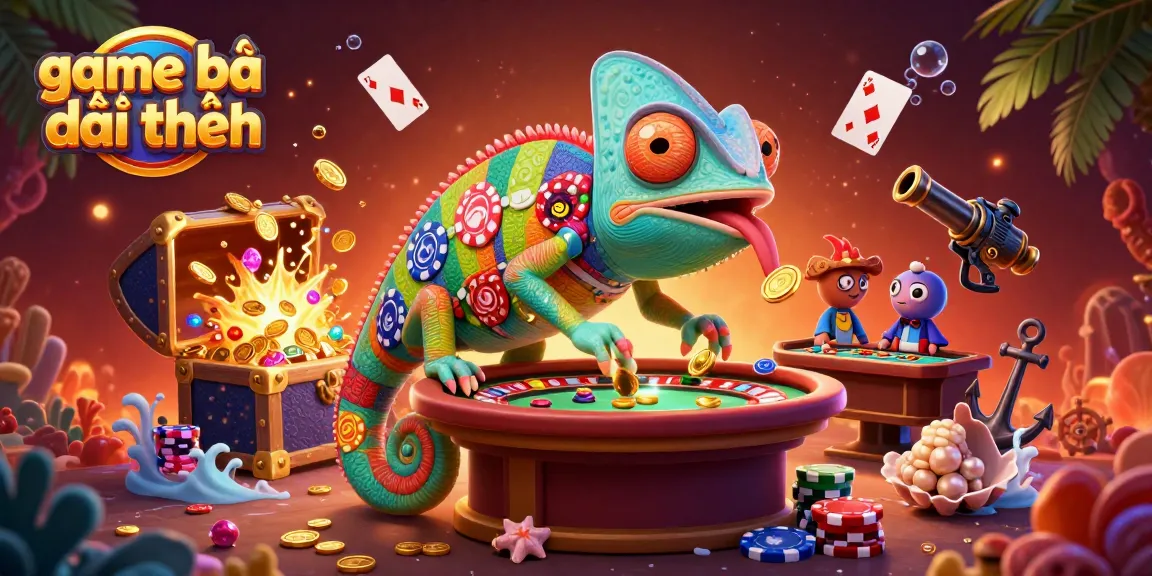 Engage in game bài đổi thưởng with a colorful chameleon casino owner capturing golden coins in a vibrant scene.
