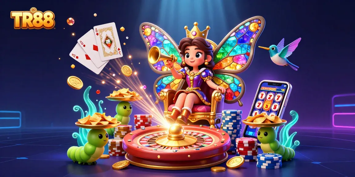 Experience the magical world of TR88 with the butterfly queen amidst casino excitement.