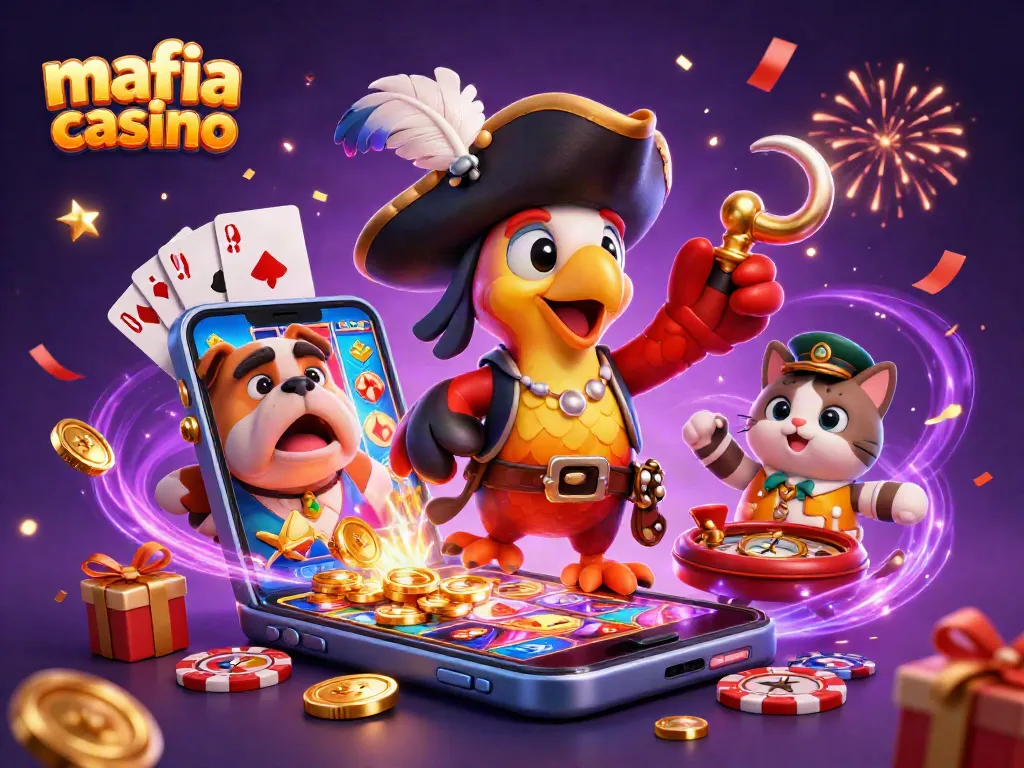Mafia casino scene featuring a pirate parrot, bulldog, and ship's cat navigating colorful slot games.