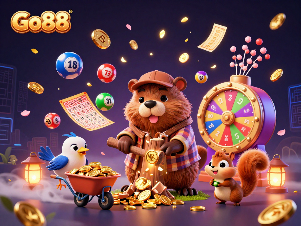 Engage with Go88's dynamic lottery scene featuring a beaver, bird, and squirrel amid a flood of gold coins.