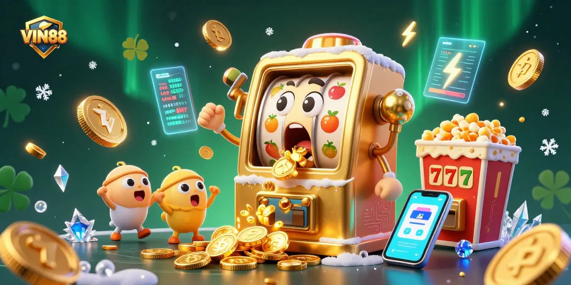VIN88 slot machine celebrating jackpot as coins spill, featuring crypto themes and vibrant casino elements.