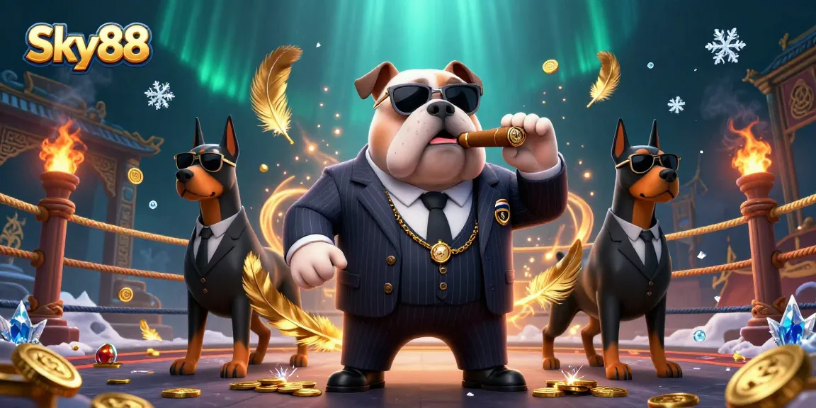 Experience thrilling gaming with Sky88 featuring a mafia bulldog and bodyguards amidst gold coins and jackpots.