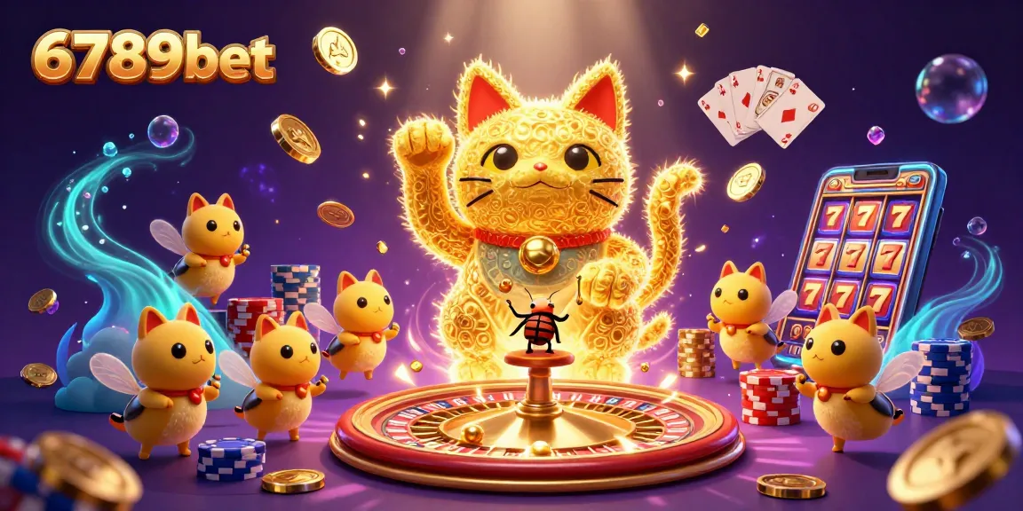 Experience the excitement of 6789bet with a dynamic illustration of a casino-themed lucky cat.