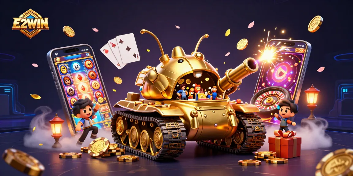 E2WIN presents an exciting casino scene with a golden beetle tank hosting tiny games and animations.
