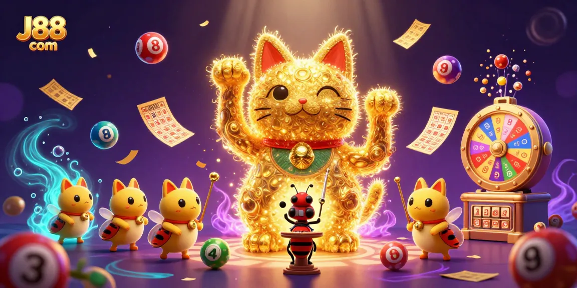 Experience thrilling moments at J88 com with vibrant lottery symbols and a lucky cat in a dynamic gaming scene.