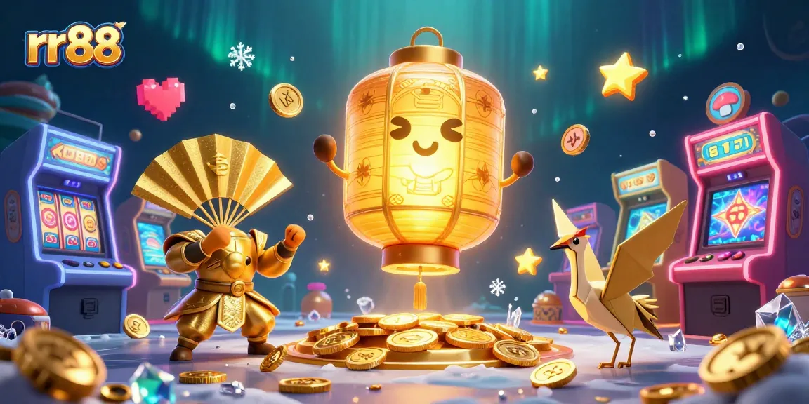 Join the excitement at rr88 casino with vibrant slot gameplay and golden lantern illustrations.