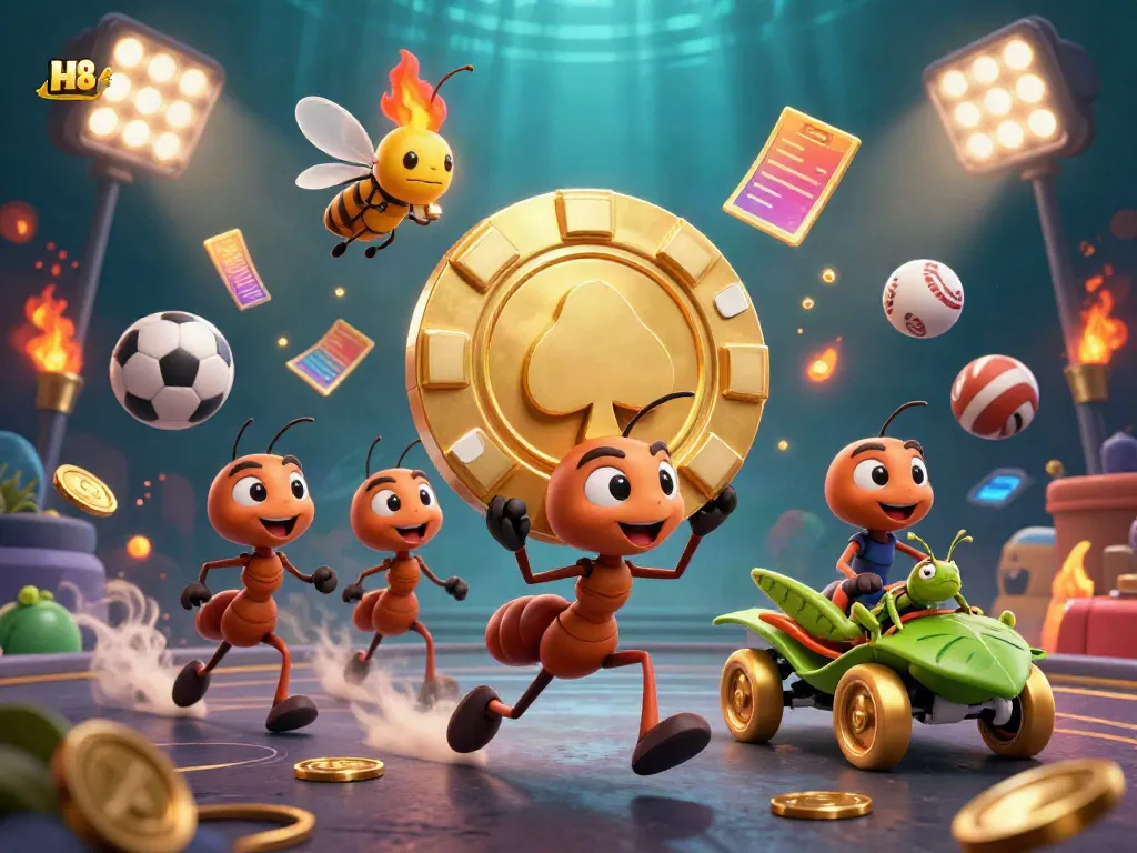 Experience thrilling moments at HZ88 with golden poker chips and dynamic sports elements in a vibrant casino setting.